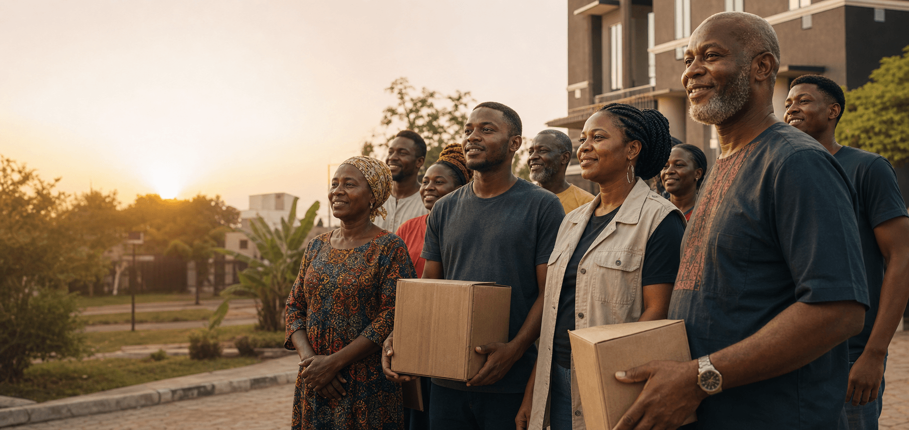 Nigerian community outreach volunteers gathered at sunrise